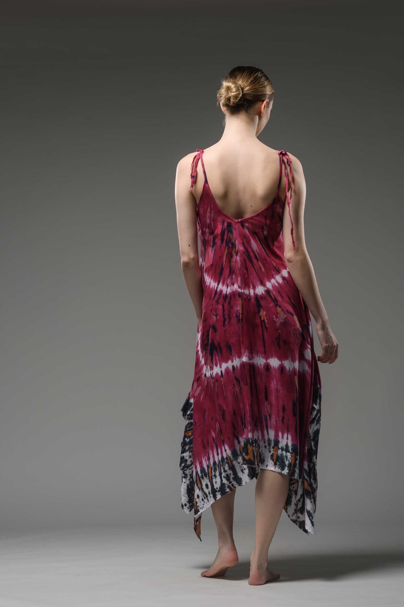 Uneven hemline purple tie dye  spaghetti strap midi dress