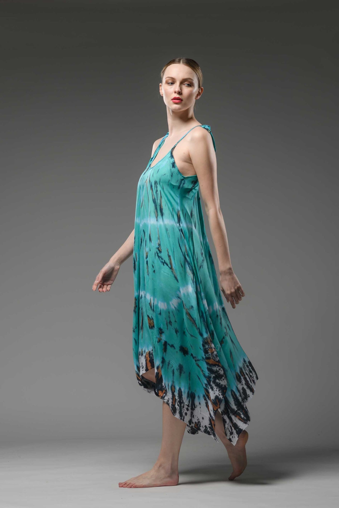 Uneven hemline turquoise tie dye  spaghetti strap midi dress