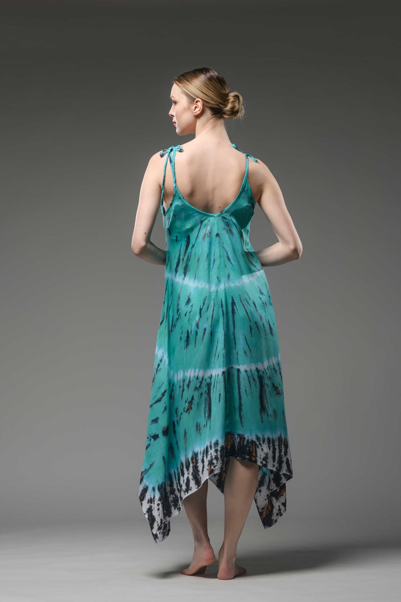 Uneven hemline turquoise tie dye  spaghetti strap midi dress