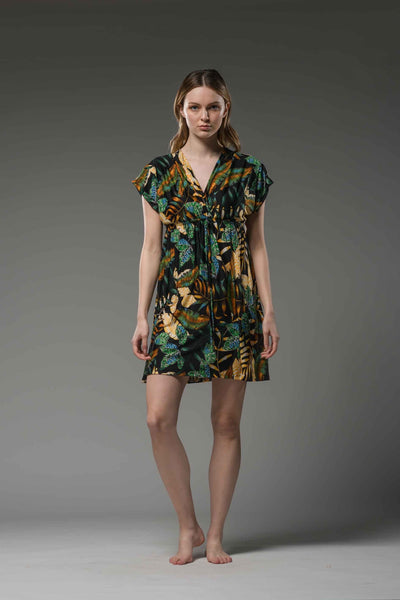 V neck jersey short sleeve jungle print short dress  black