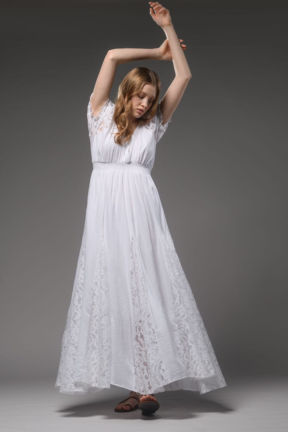 White cotton bohemian lace detail short sleeve maxi dress 