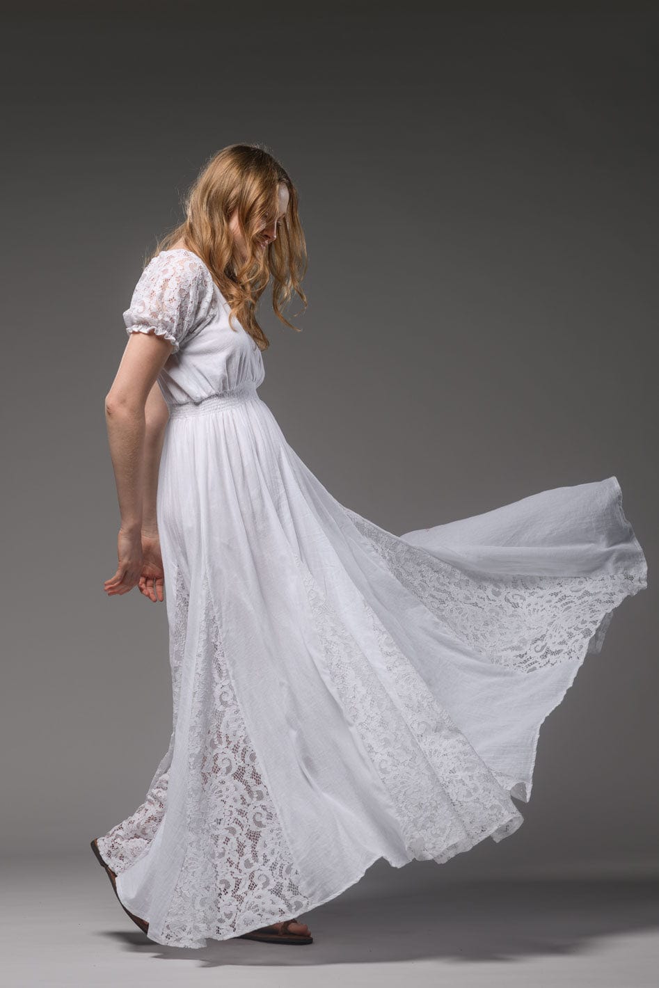 White cotton bohemian lace detail short sleeve maxi dress 