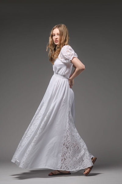 White cotton bohemian lace detail short sleeve maxi dress 