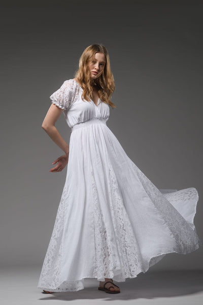 White cotton bohemian lace detail short sleeve maxi dress 