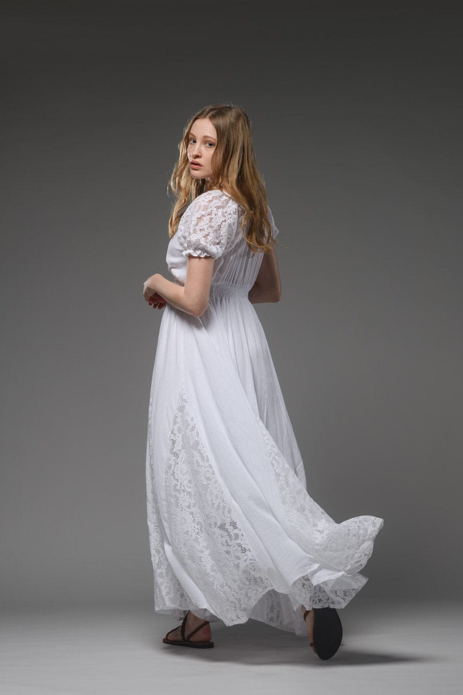 White cotton bohemian lace detail short sleeve maxi dress 