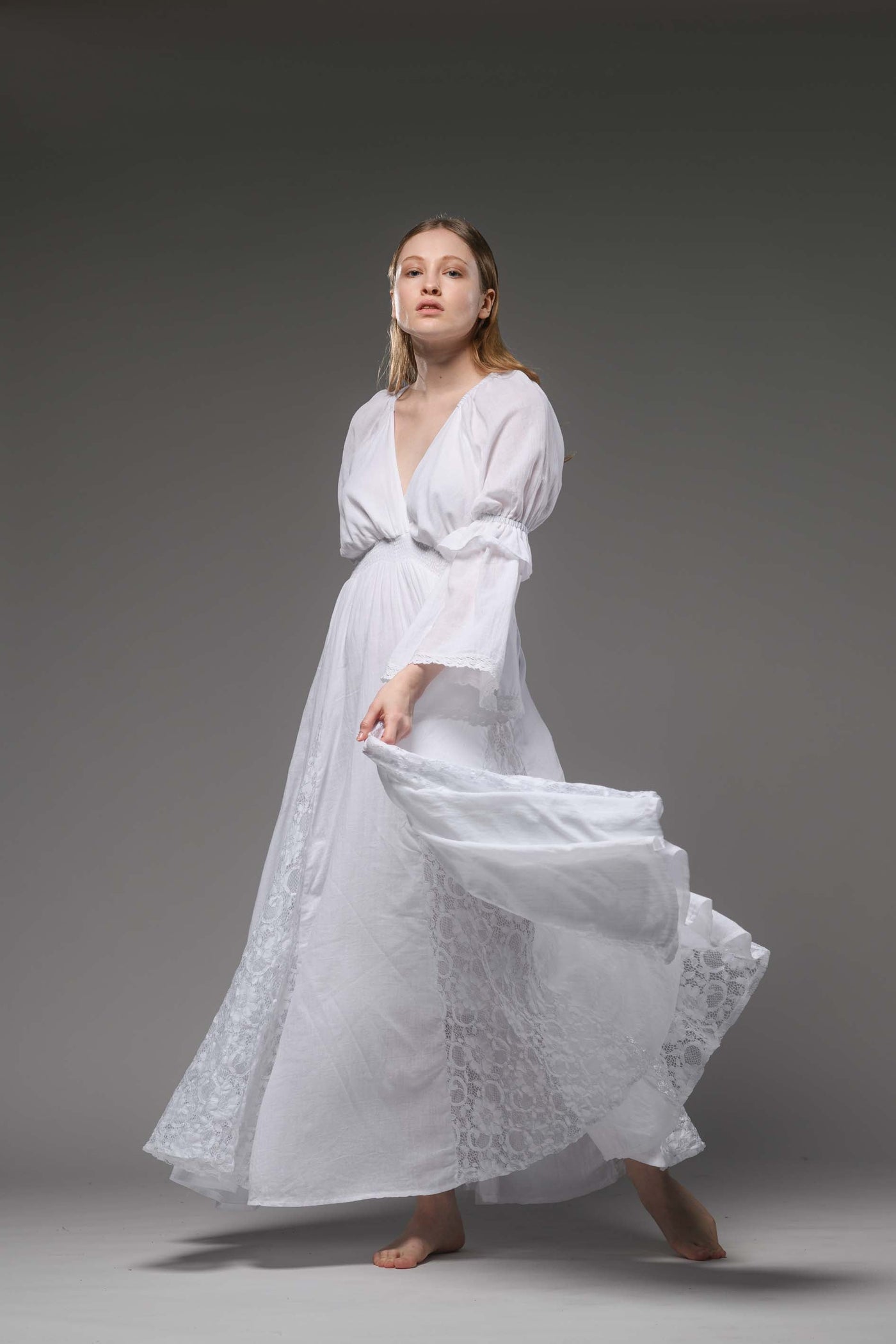 White cotton boho chic romantic bell sleeve long dress