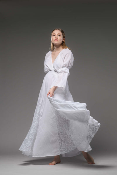 White cotton boho chic romantic bell sleeve long dress