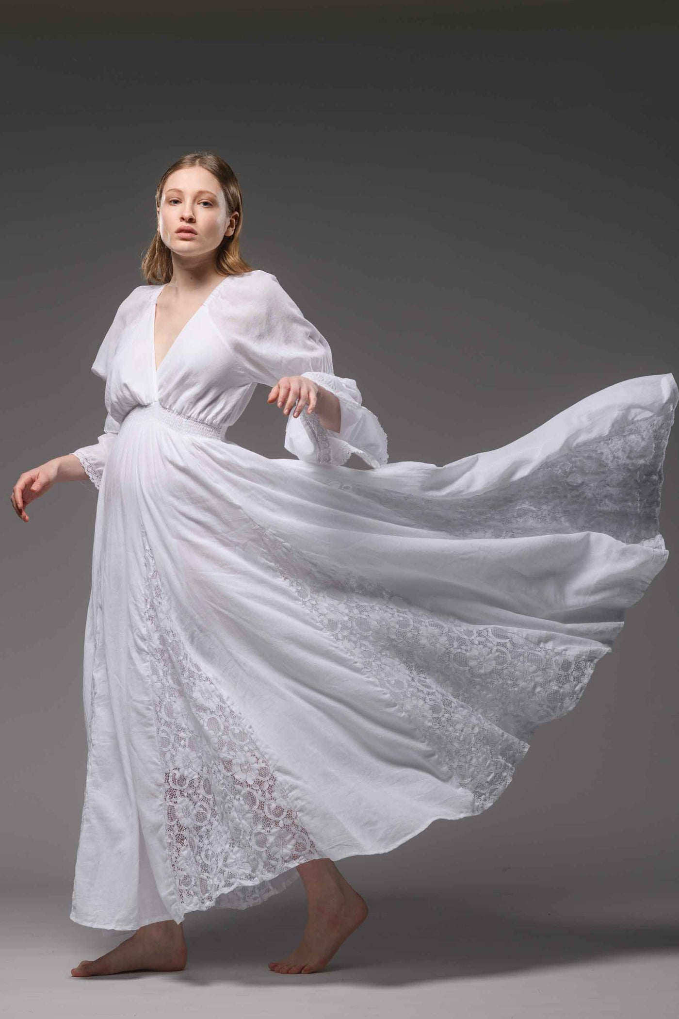 White cotton boho chic romantic bell sleeve long dress