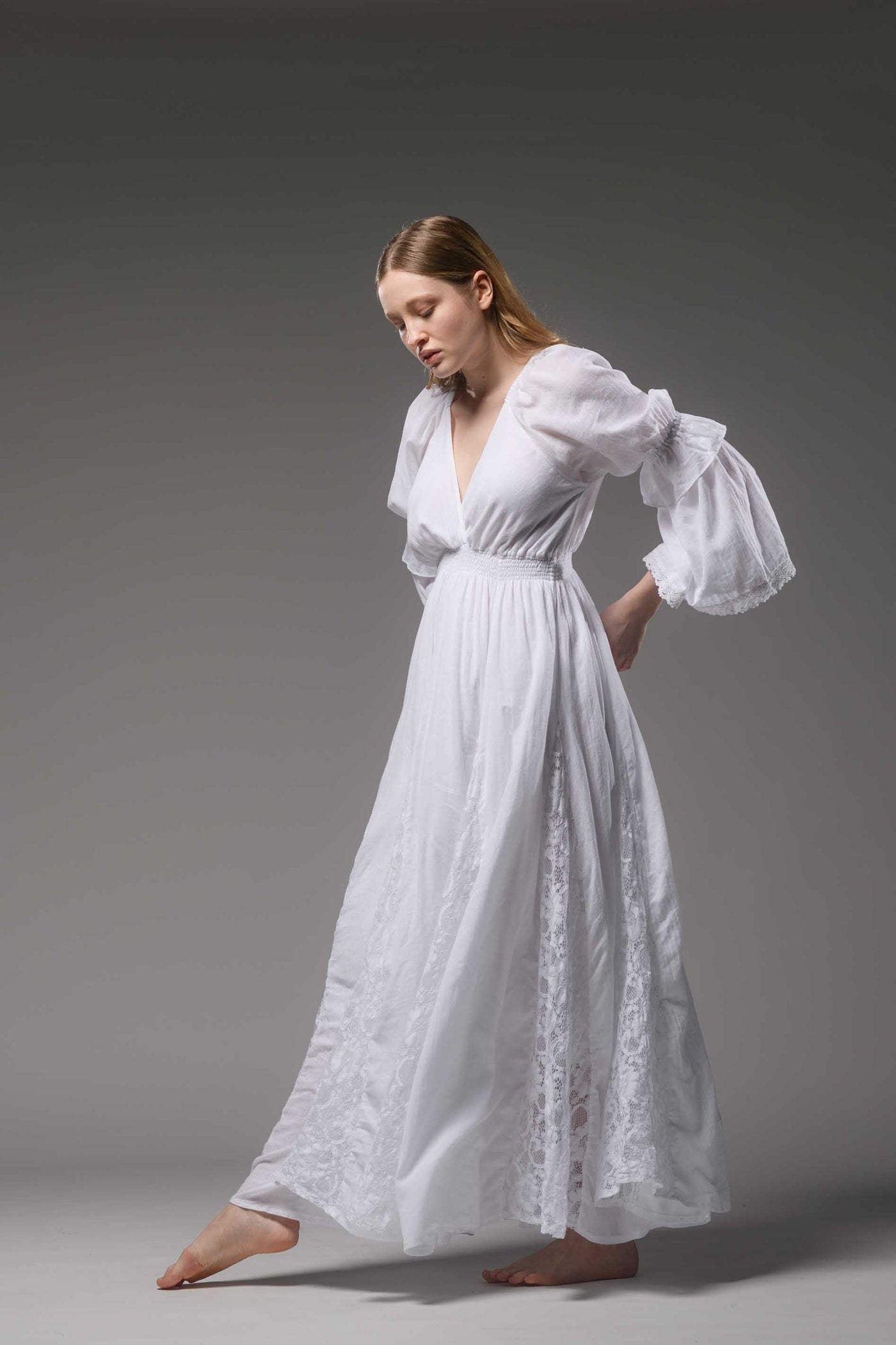 White cotton boho chic romantic bell sleeve long dress