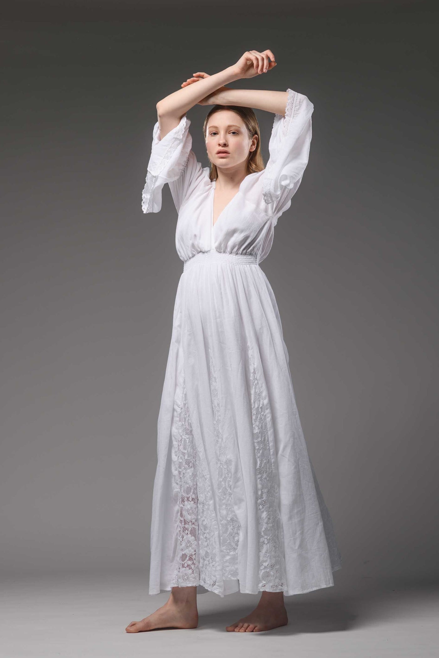 White cotton boho chic romantic bell sleeve long dress