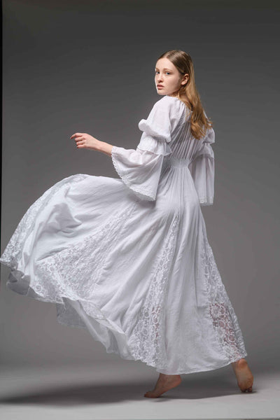 White cotton boho chic romantic bell sleeve long dress