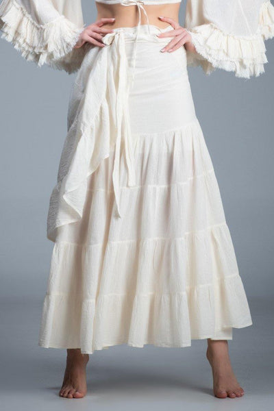 Bohemian chic gypsy fashion long wrap ruffled off white cotton Skirt