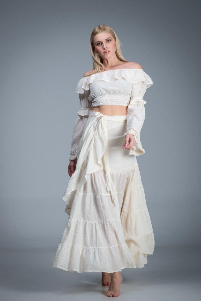 Bohemian chic gypsy fashion long wrap ruffled off white cotton Skirt