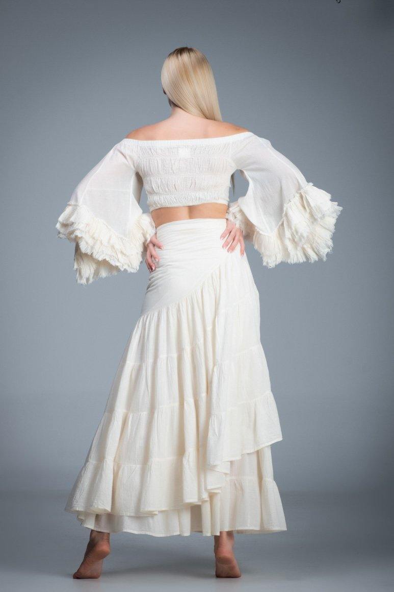 Bohemian chic gypsy fashion long wrap ruffled off white cotton Skirt