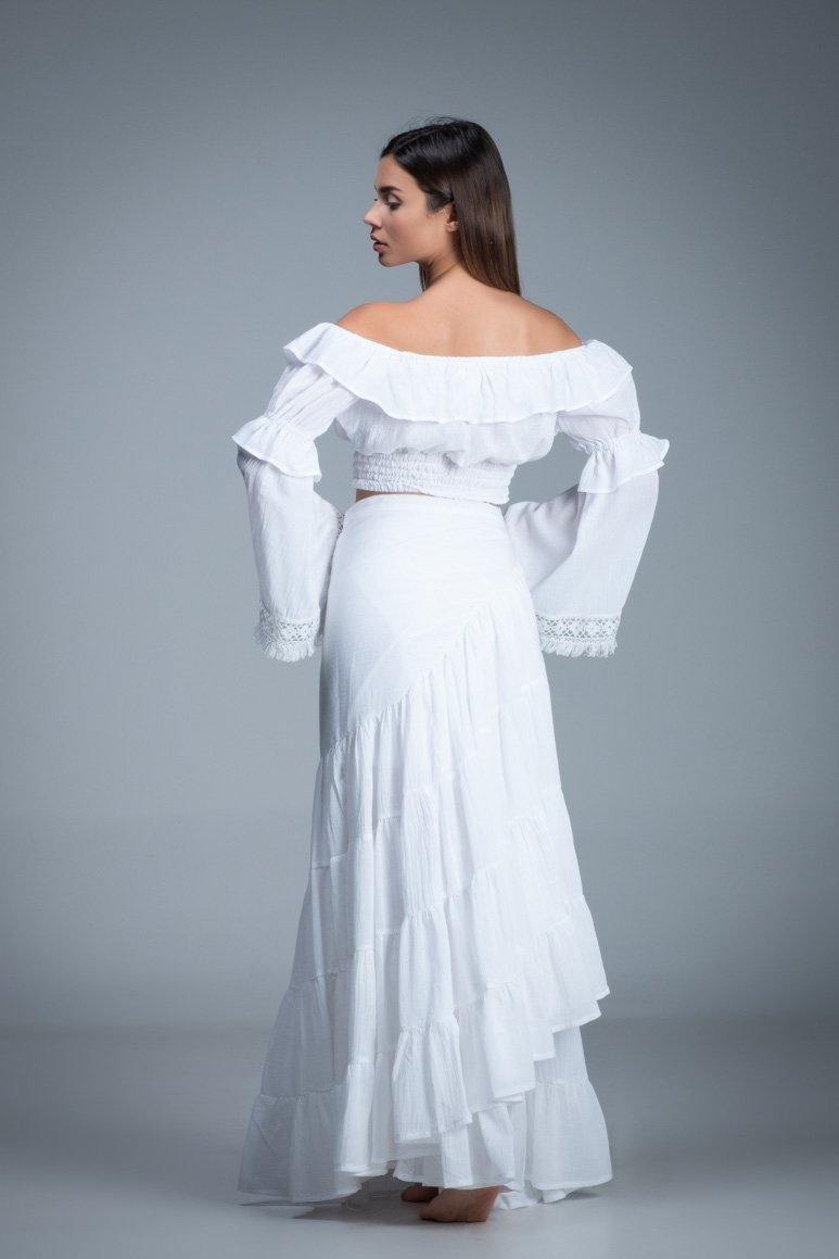 Bohemian chic gypsy fashion long wrap ruffled white cotton Skirt