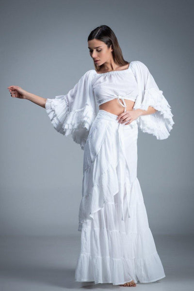 Bohemian chic gypsy fashion long wrap ruffled white cotton Skirt