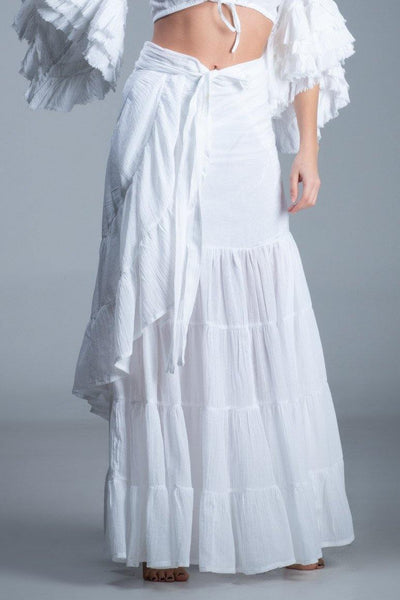 Bohemian chic gypsy fashion long wrap ruffled white cotton Skirt