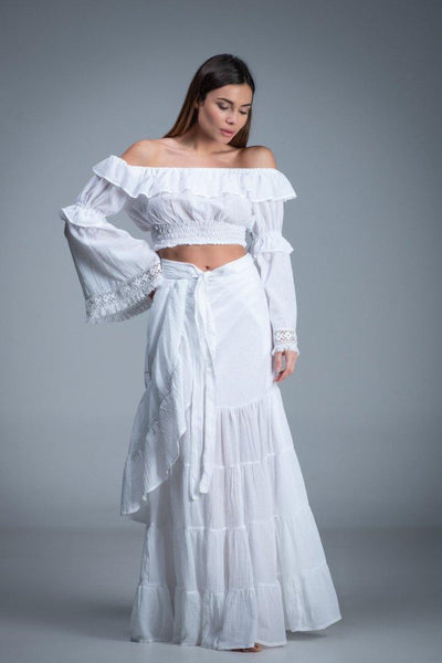 Bohemian chic gypsy fashion long wrap ruffled white cotton Skirt
