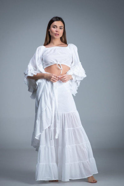 Bohemian chic gypsy fashion long wrap ruffled white cotton Skirt
