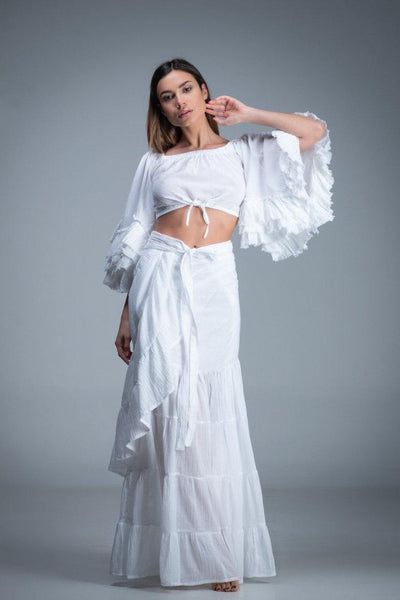 Bohemian chic gypsy fashion long wrap ruffled white cotton Skirt