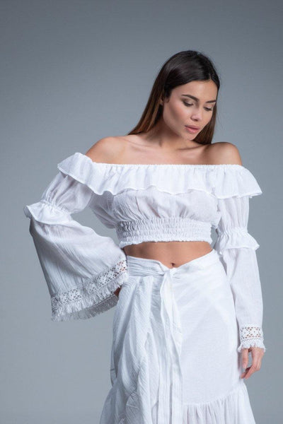 Off shoulder long  bell sleeve lace detail bohemian white top crop