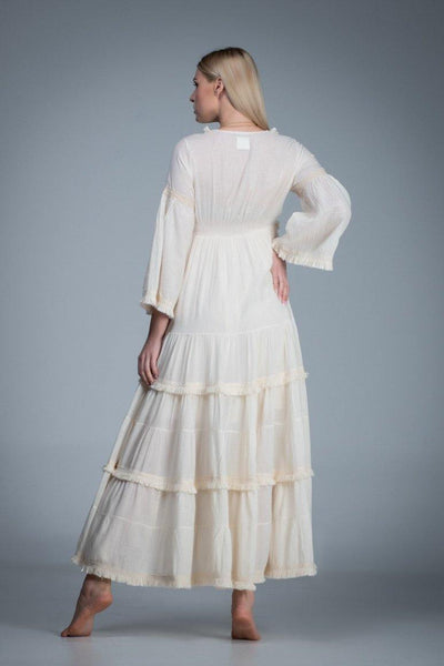 off white bohemian cotton romantic wedding long bell sleeve dress