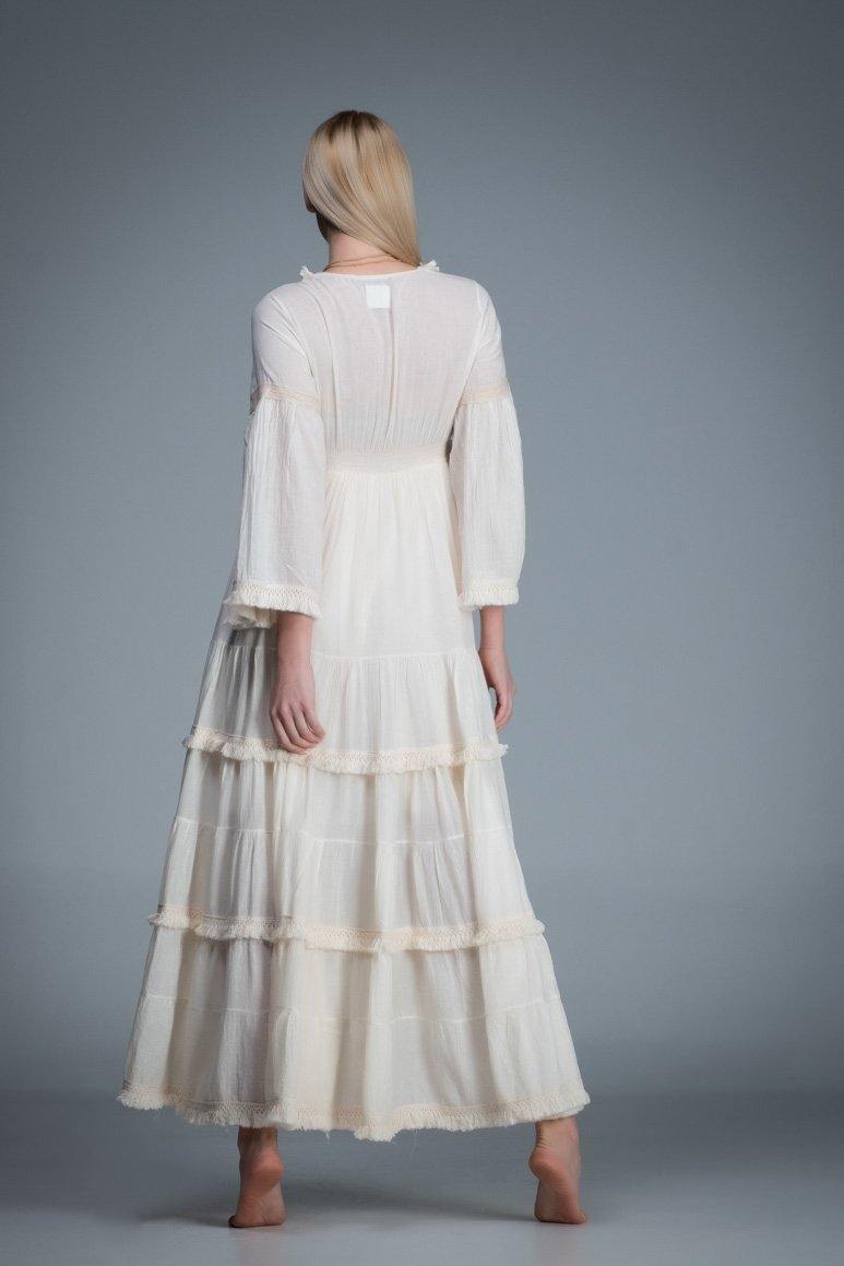 off white bohemian cotton romantic wedding long bell sleeve dress