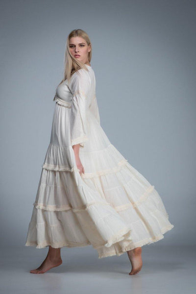 off white bohemian cotton romantic wedding long bell sleeve dress