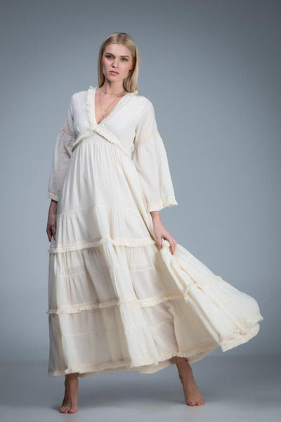 off white bohemian cotton romantic wedding long bell sleeve dress