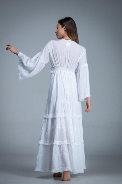 white bohemian cotton romantic wedding long bell sleeve dress