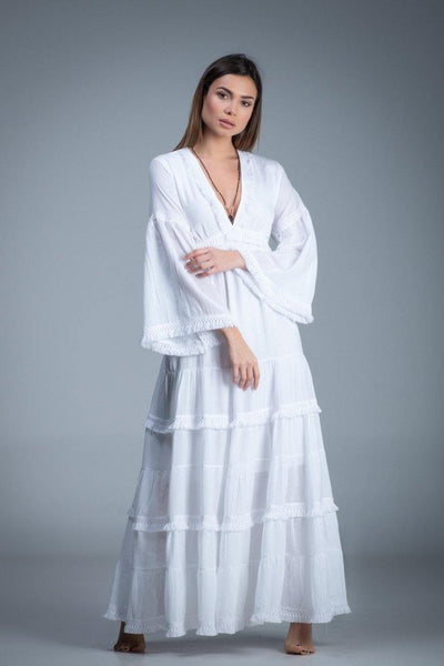 white bohemian cotton romantic wedding long bell sleeve dress