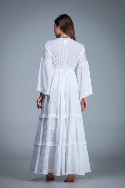 white bohemian cotton romantic wedding long bell sleeve dress