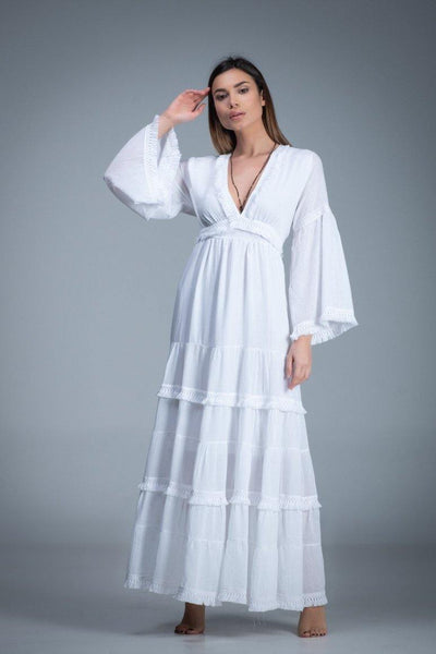 white bohemian cotton romantic wedding long bell sleeve dress