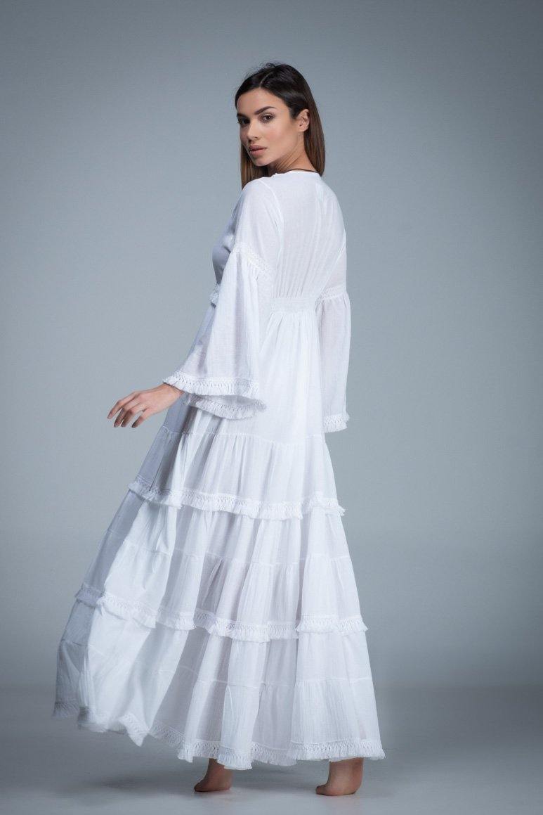 white bohemian cotton romantic wedding long bell sleeve dress