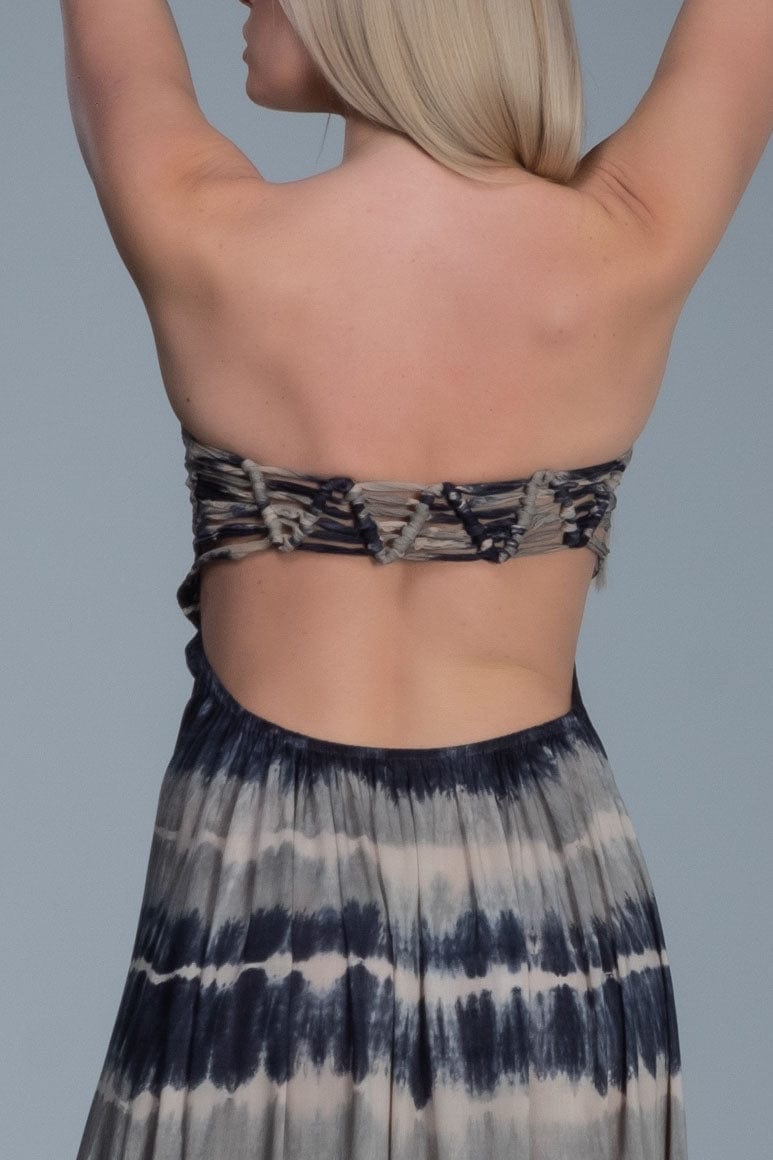 Smocked bodice strapless tie dye long dress with knitted net back detail. White blue grey color combination tie dye dress