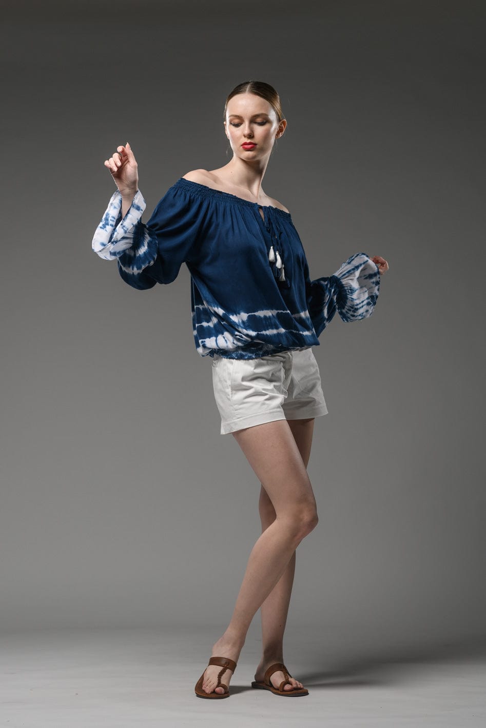 blue tie dye long sleeve elastic neck and waist top