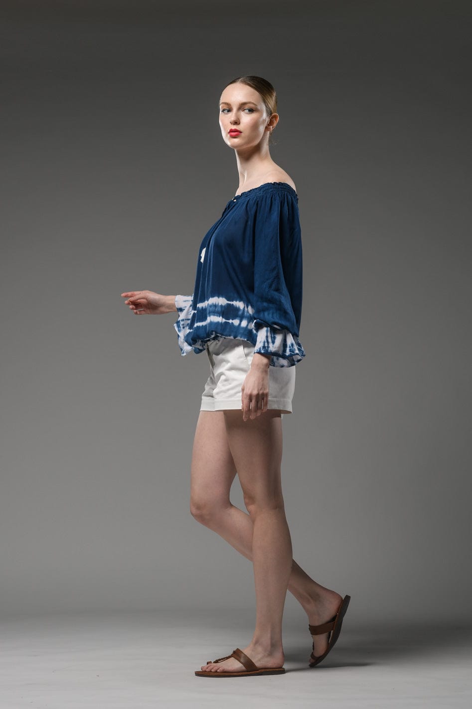 blue tie dye long sleeve elastic neck and waist top