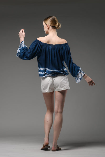 blue tie dye long sleeve elastic neck and waist top