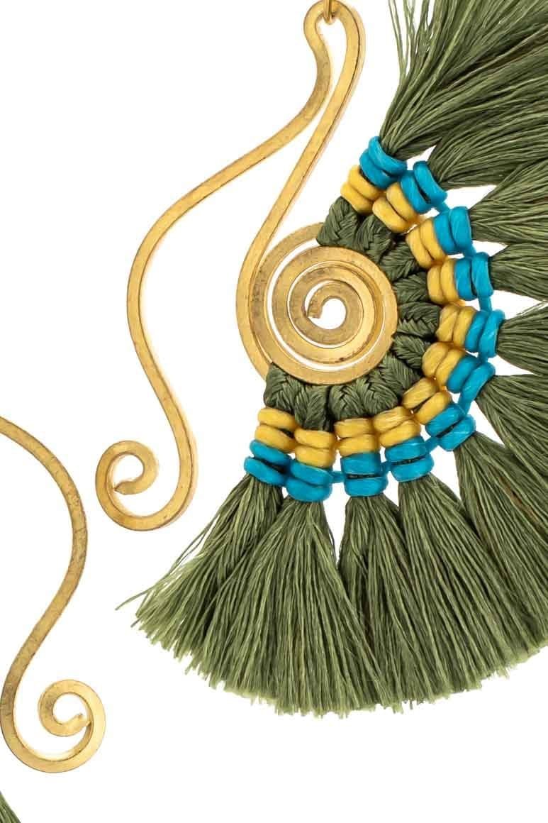 Bohemian fan shape green tassel earrings - awatara