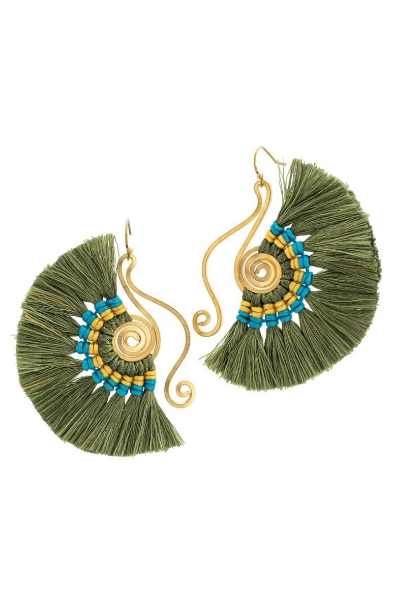 Bohemian fan shape green tassel earrings - awatara