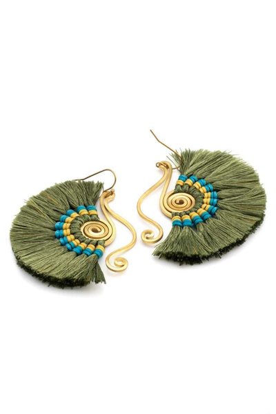 Bohemian fan shape green tassel earrings - awatara