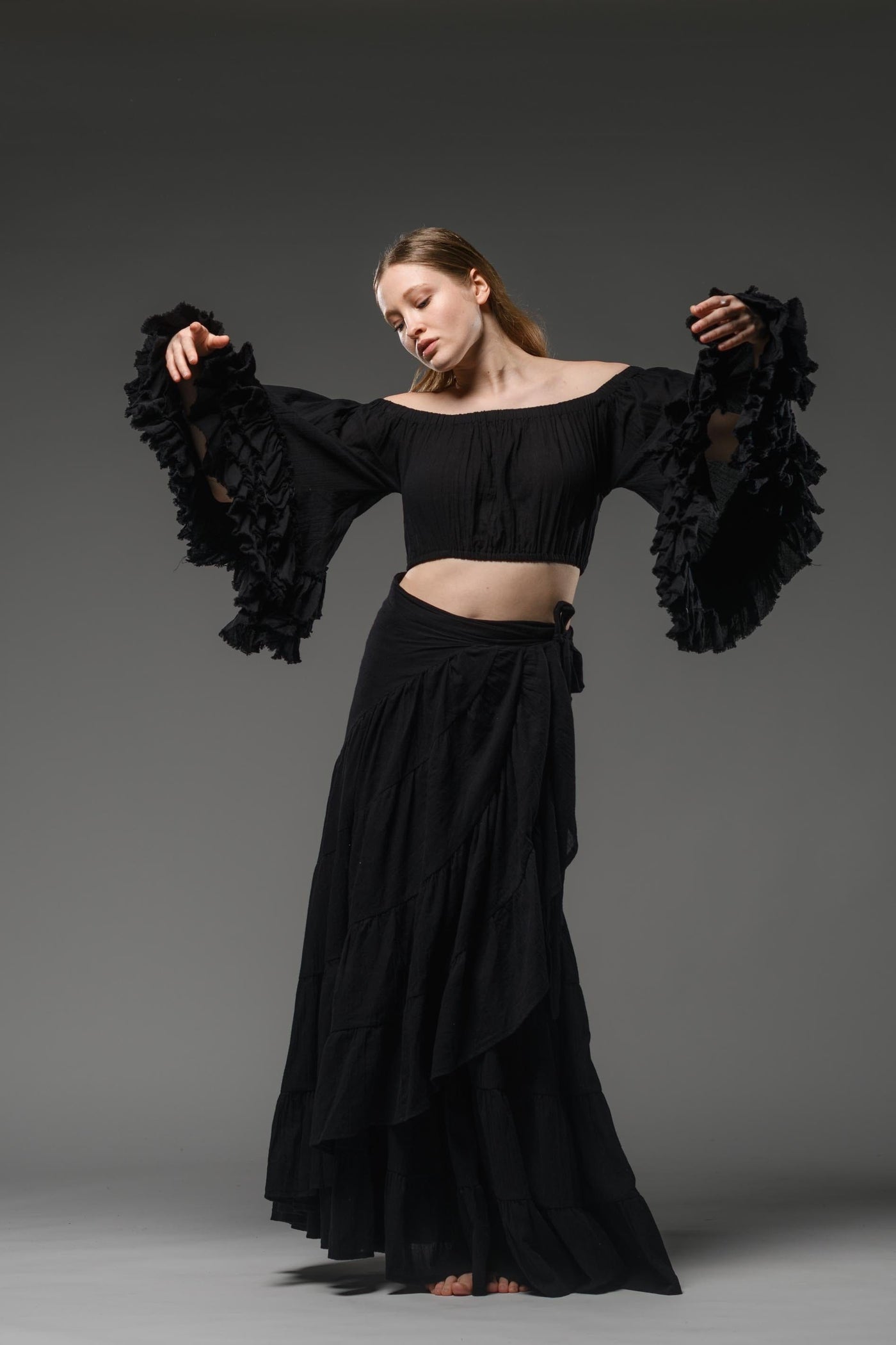 bohemian chic black cotton half ruffled sleeve top crop