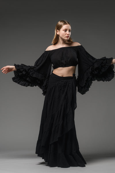 bohemian chic black cotton half ruffled sleeve top crop