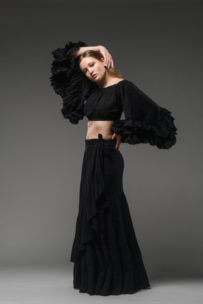 bohemian chic black cotton half ruffled sleeve top crop