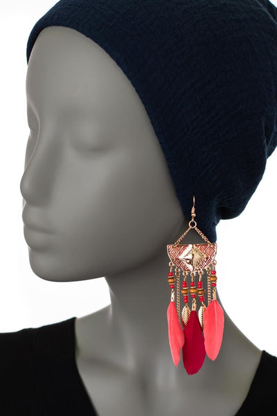 Geometric Long Drop Feather Earrings