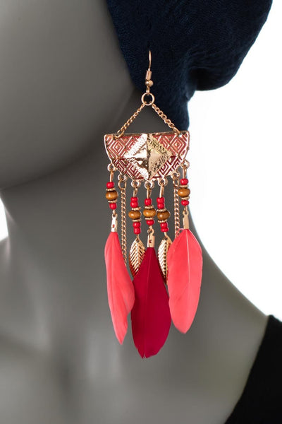 Geometric Long Drop Feather Earrings