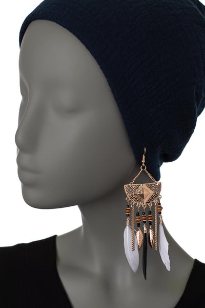 Geometric Long Drop Feather Earrings
