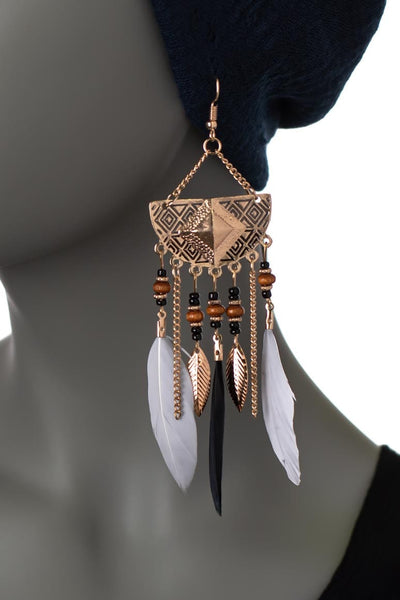 Geometric Long Drop Feather Earrings