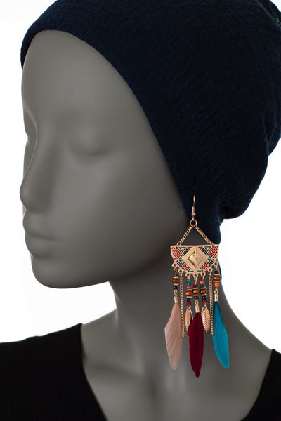 Geometric Long Drop Feather Earrings