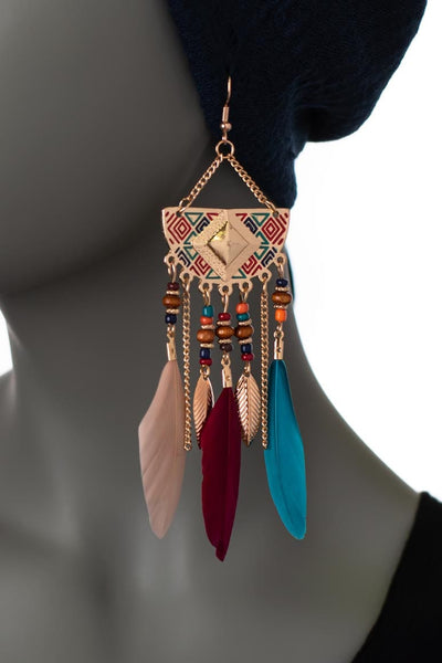 Geometric Long Drop Feather Earrings